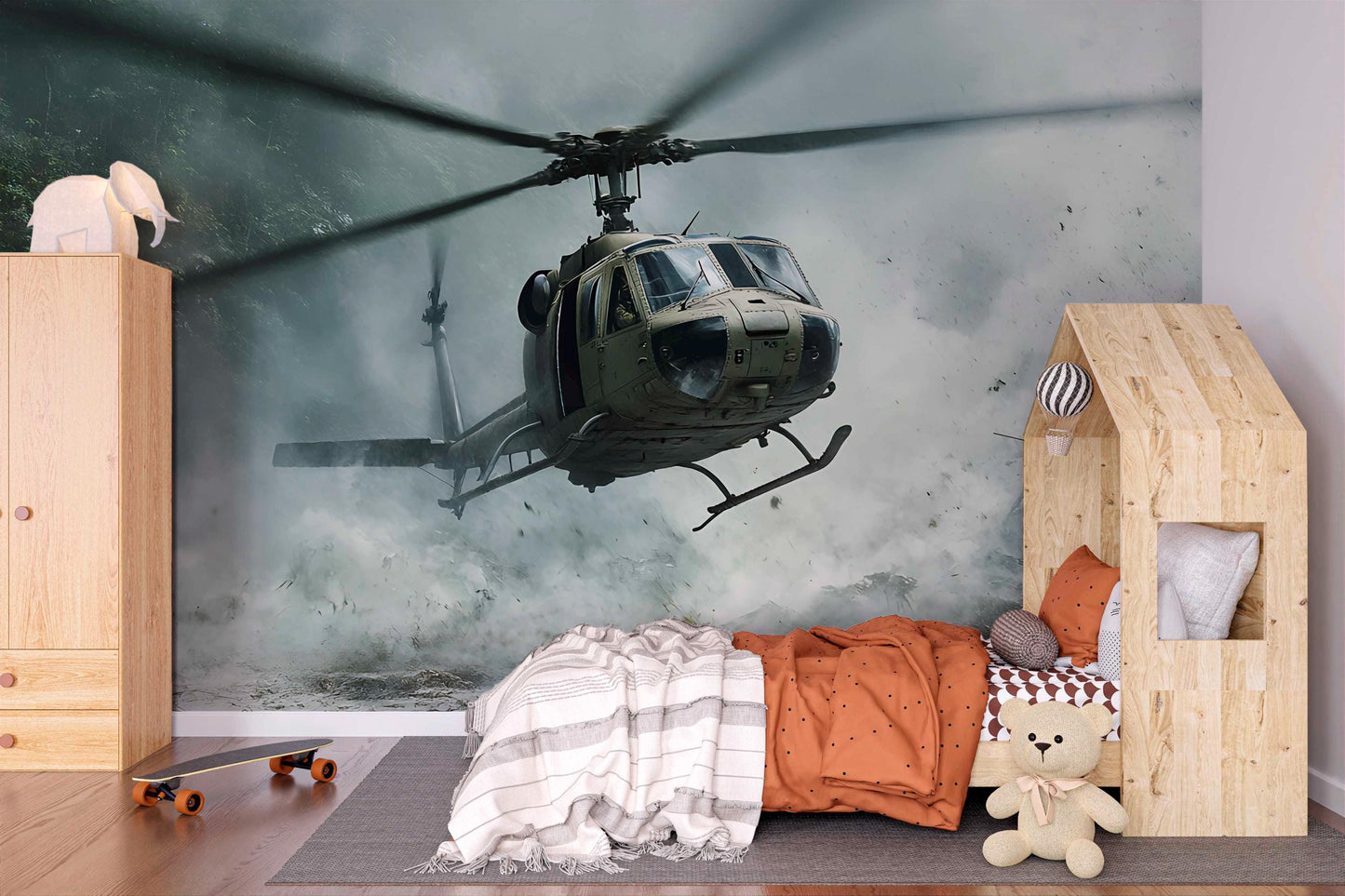 Helicopter War Scene Wall Mural for Boys Room – Epic Military Themed Wallpaper – UH-1 Huey Chopper Mural – Kids Room Wall Decor Vn456