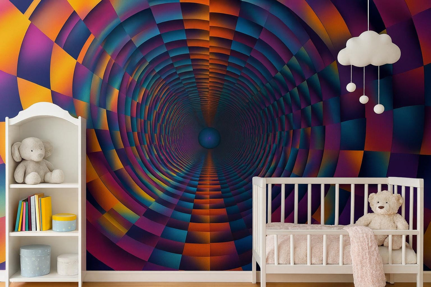 Psychedelic Spiral Wall Mural – Neon 3D Optical Illusion Kids Room Wallpaper Vn915