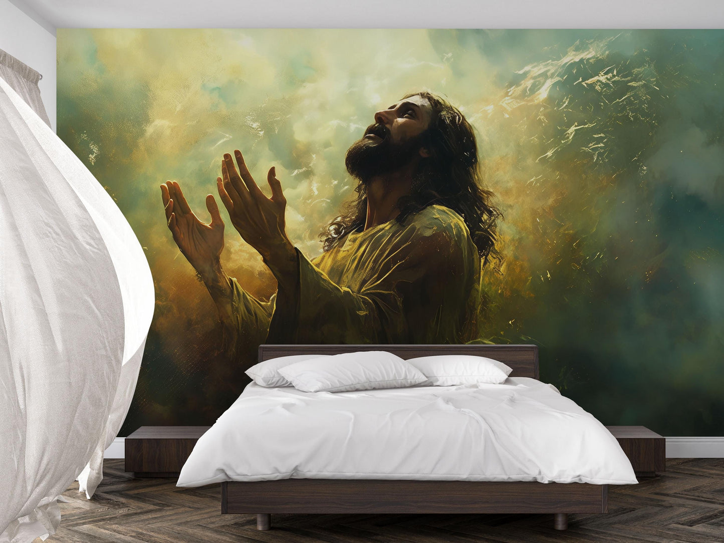 Jesus Wall Mural | Spiritual Bedroom Decor | Religious Art Wallpaper | Christian Prayer Scene | Large Faith Mural for Home Vn612