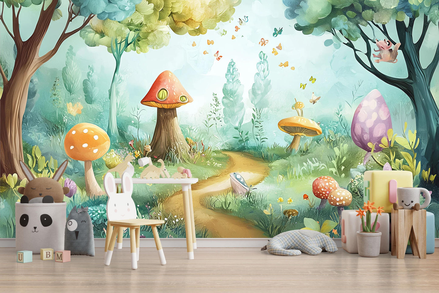 Whimsical Forest Wall Mural for Kids Room – Magical Mushroom & Animal Wallpaper Vn617
