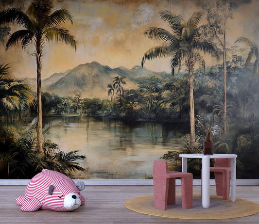 Tropical Vintage Wall Mural – Palm Tree Jungle Landscape Wallpaper Vn828