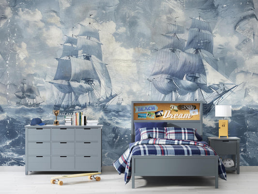 Nautical Ship Mural Wallpaper – Vintage Sailing Boat Ocean Waves Wall Decor Vn1045