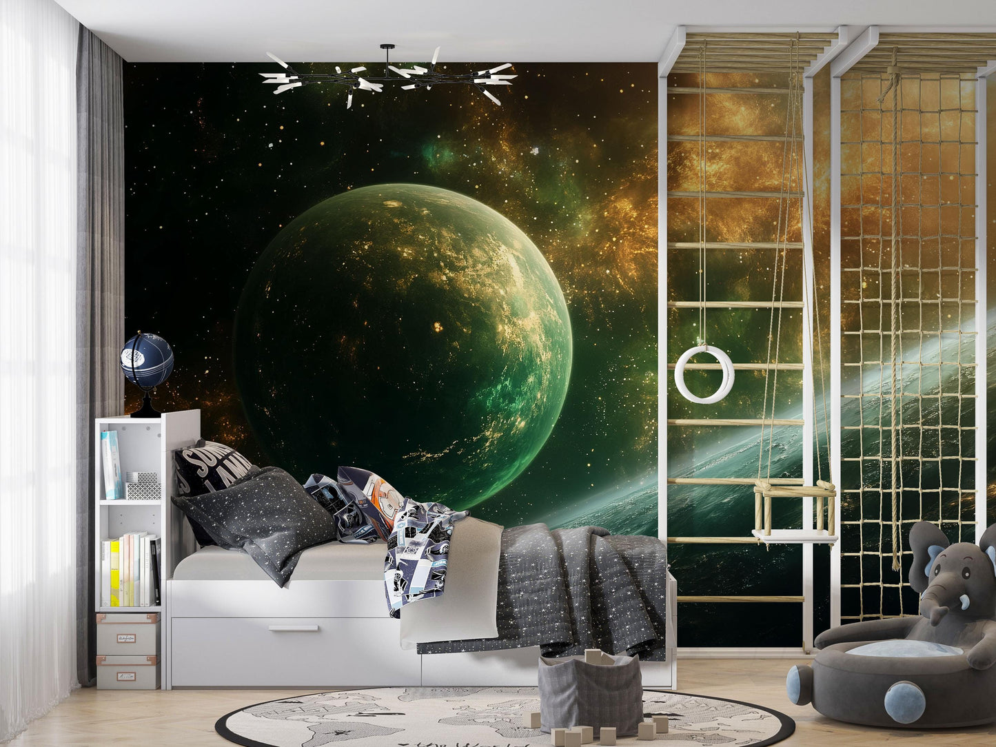 Green Galaxy Wall Mural – Space Planet Wallpaper, Kids Astronomy Room Decor Vn869