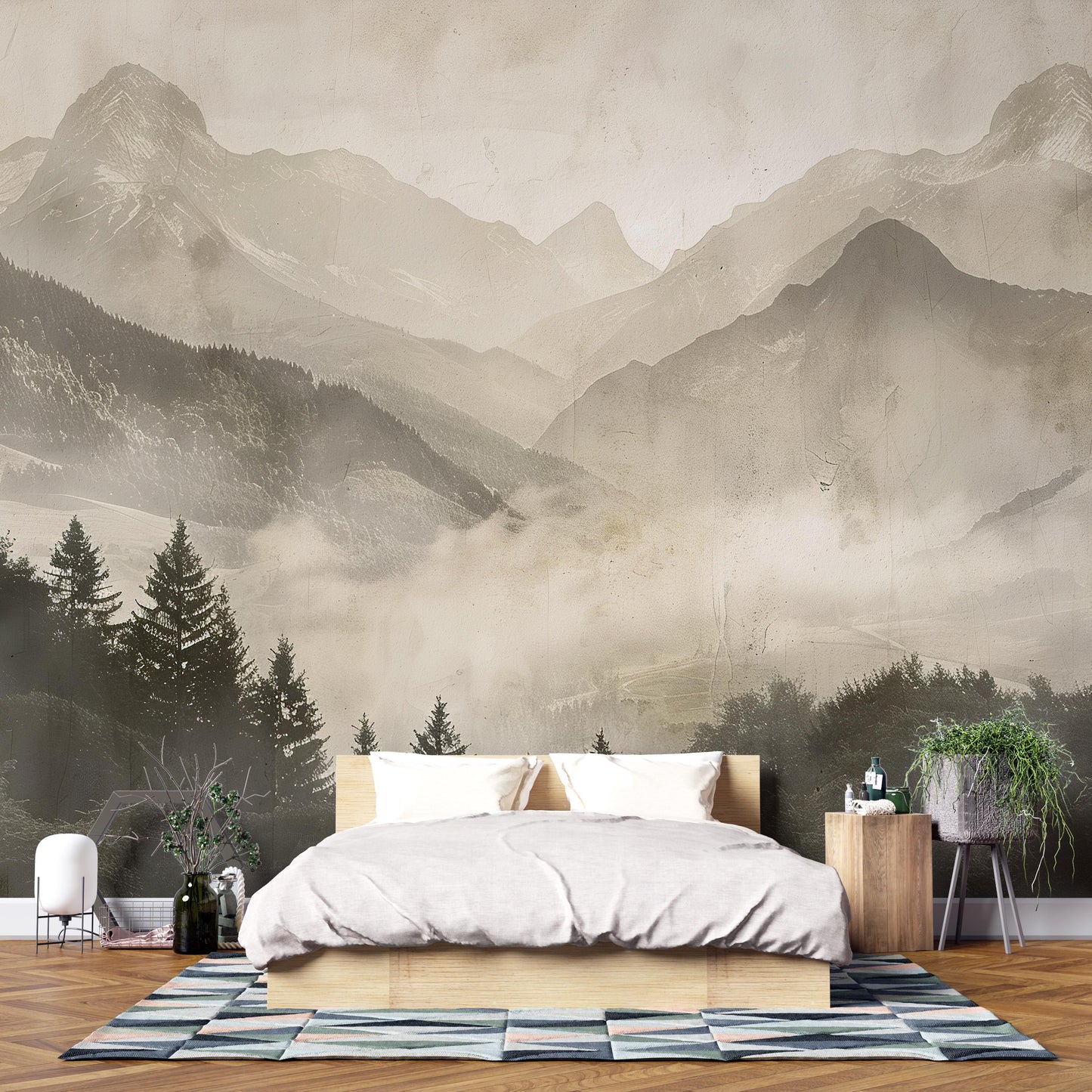 Sepia Mountain Wall Mural – Foggy Forest Landscape Wallpaper for Bedroom Vn1008