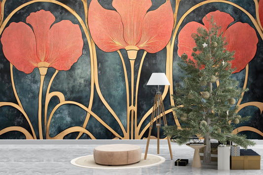 Art Deco Floral Wall Mural | Large Red Poppy Wallpaper | Elegant Botanical Gold Wall Art | Luxury Accent Wall Décor Vn194