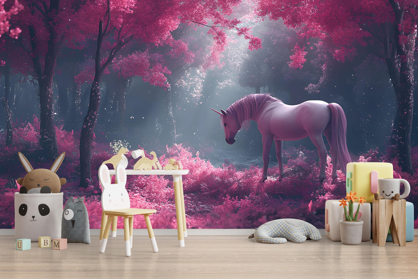 Magical Unicorn Wall Mural for Kids Room | Pink Fantasy Forest Wallpaper | Enchanted Unicorn Bedroom Decor Vn 301