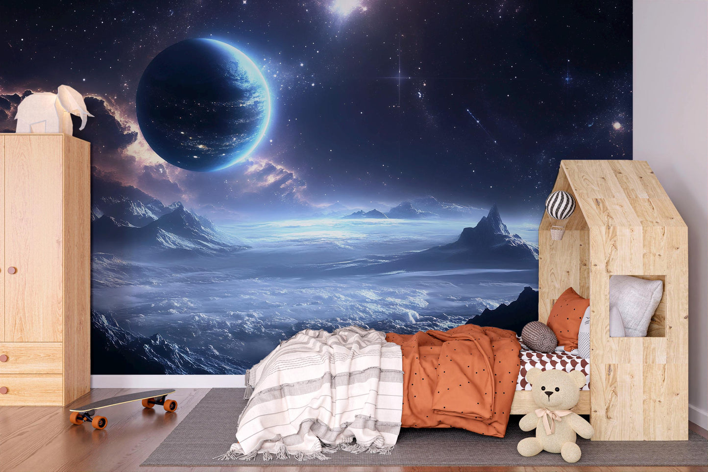 Blue Cosmic Planet Wall Mural – Galaxy Wallpaper for Kids Bedroom Decor Vn871