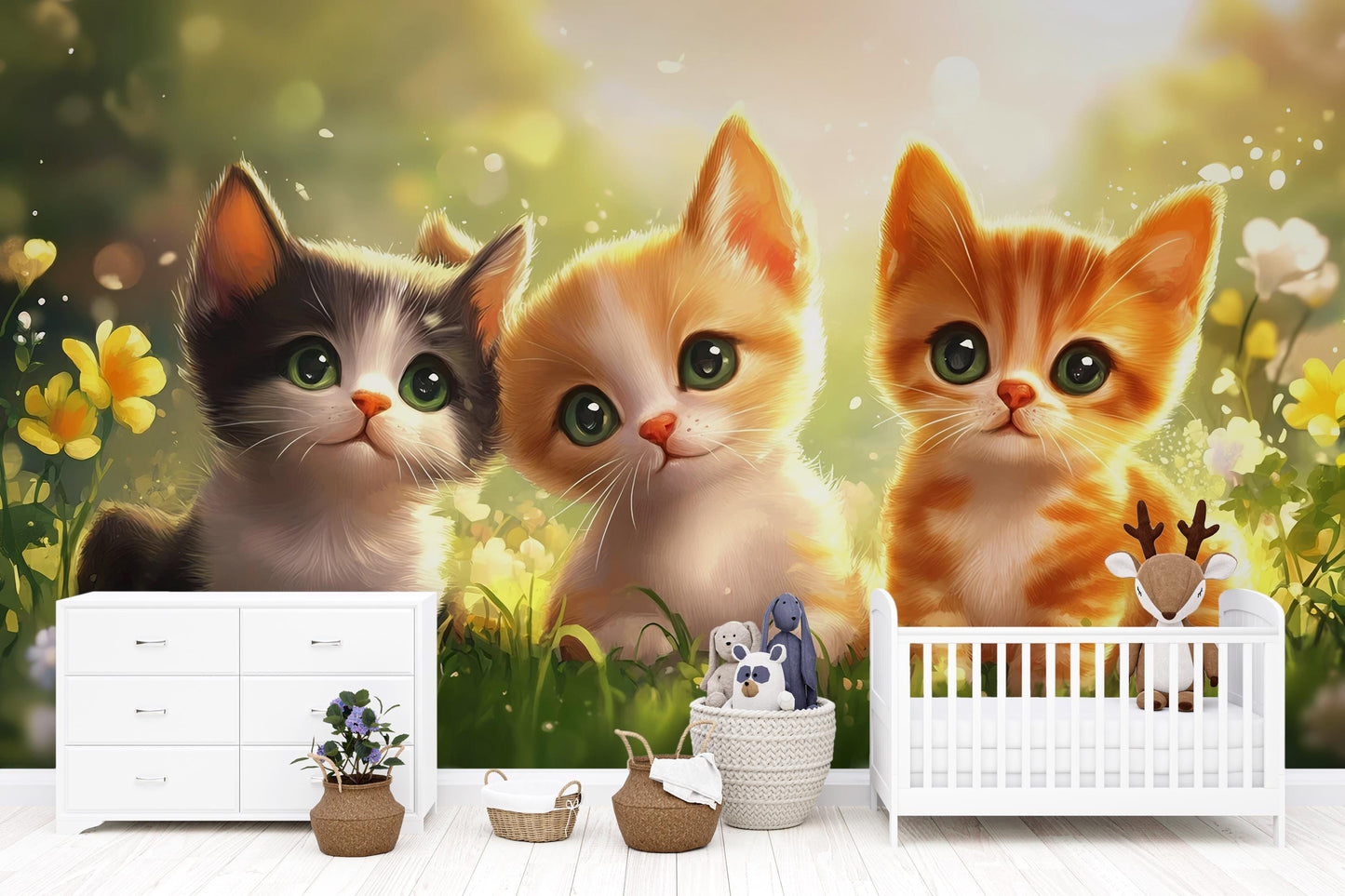 Cute Kittens Wall Mural | Adorable Cat Art for Kids Room | Nursery Animal Decor Vn318
