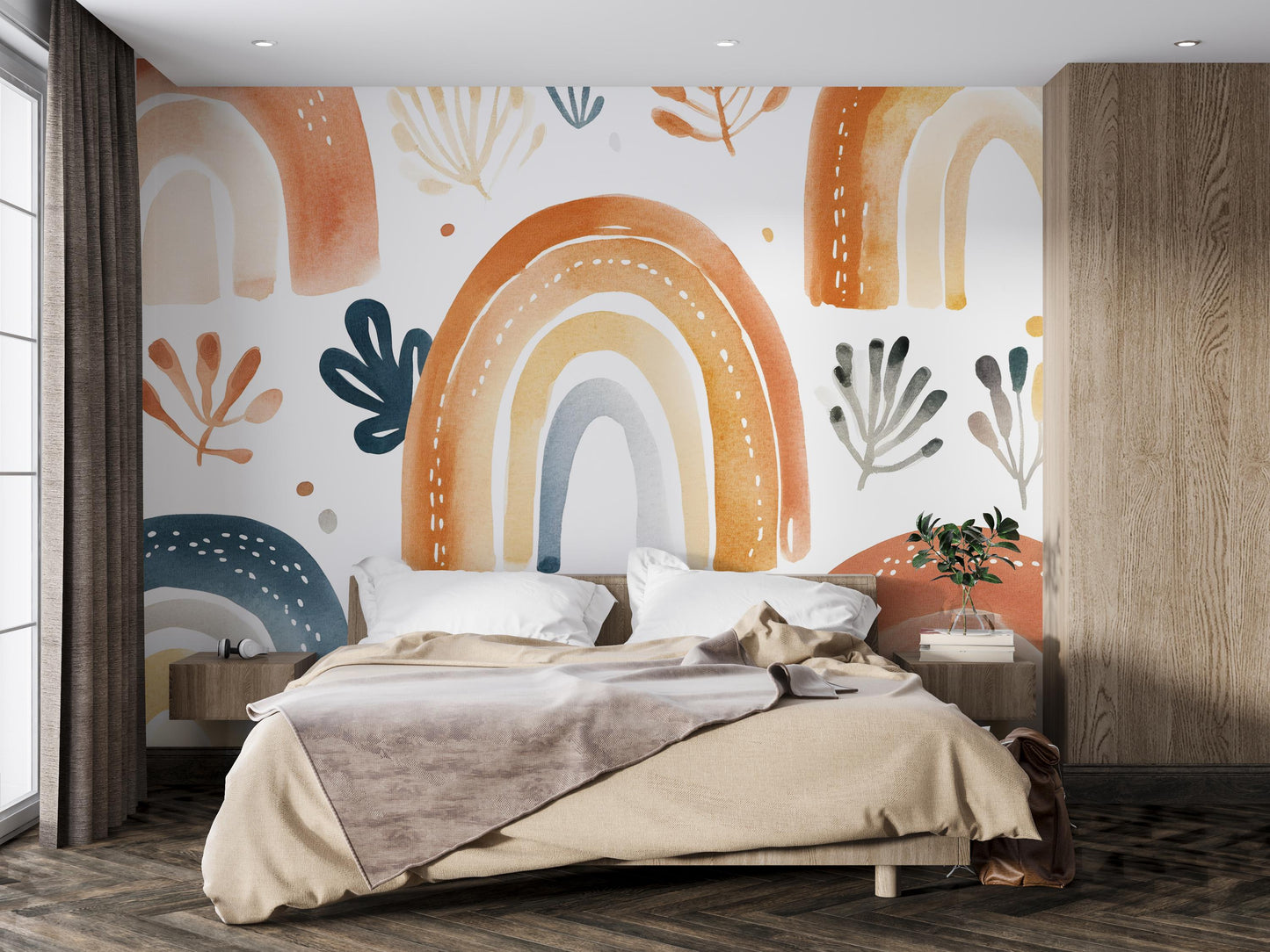 Boho Rainbow Wall Mural | Watercolor Arch Wallpaper | Kids Room Decor | Modern Boho Nursery Wall Art | Removable Peel & Stick Vn396