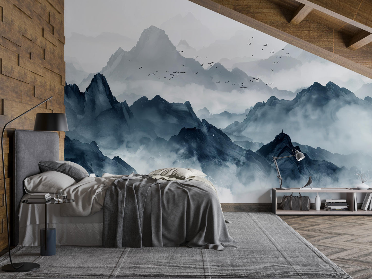 Blue Mountain Wall Mural, Misty Landscape Wallpaper, Tranquil Nature Wall Art Decor Vn1060