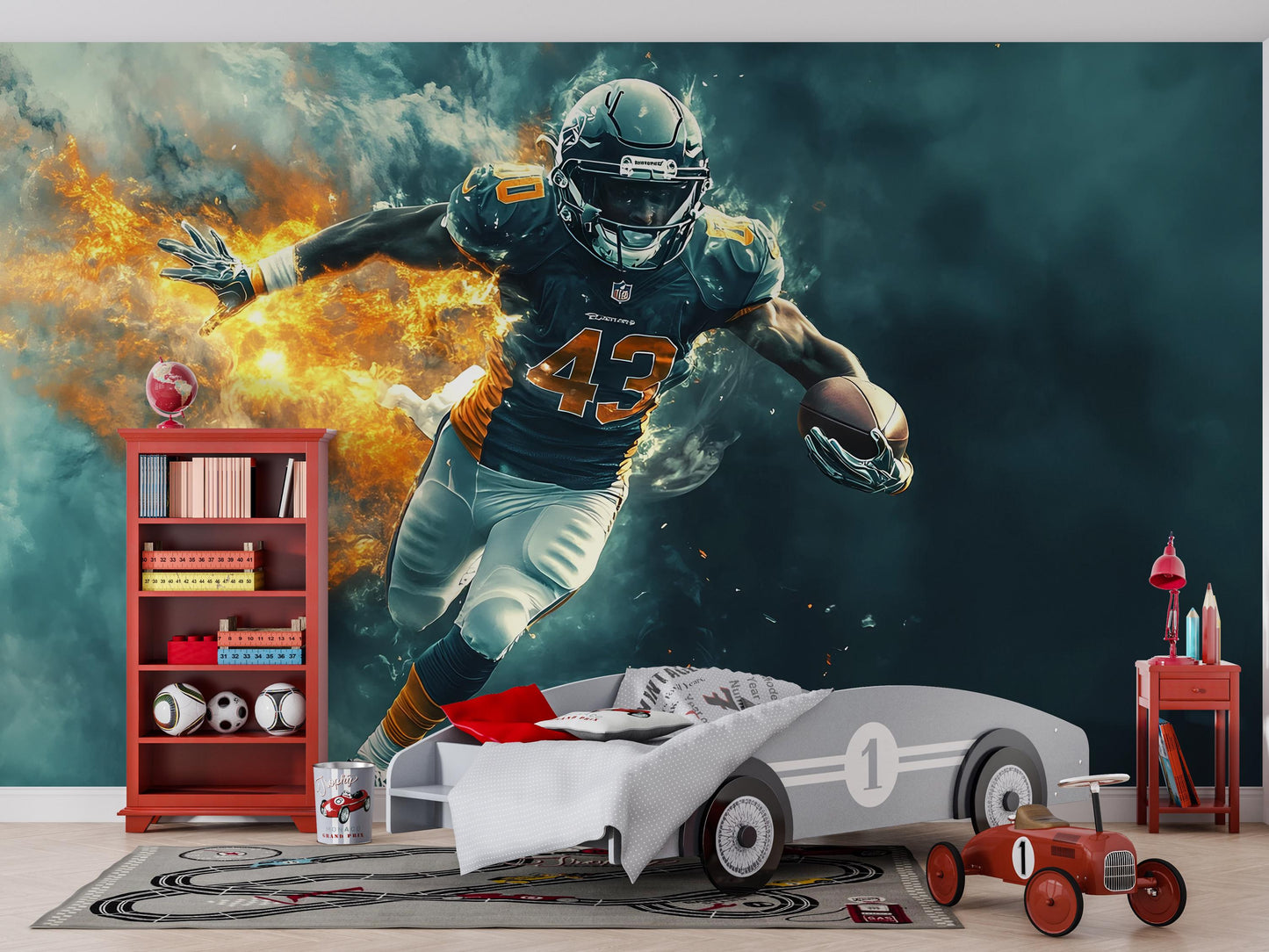 Football Player Wall Mural for Kids Room – Sports Theme Boys Room Decor – Dynamic Athlete Art Print – Removable Wallpaper Vn527