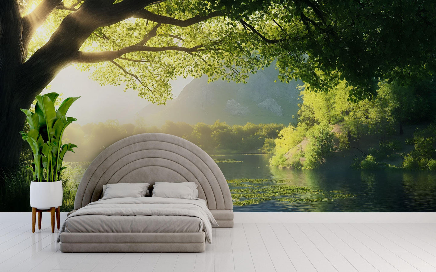 Tranquil Lake Wall Mural – Water Lily Pond & Forest Landscape Wallpaper Vn829