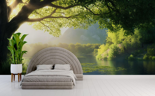 Tranquil Lake Wall Mural – Water Lily Pond & Forest Landscape Wallpaper Vn829