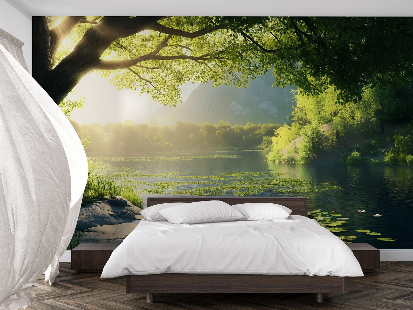Tranquil Lake Wall Mural – Water Lily Pond & Forest Landscape Wallpaper Vn829