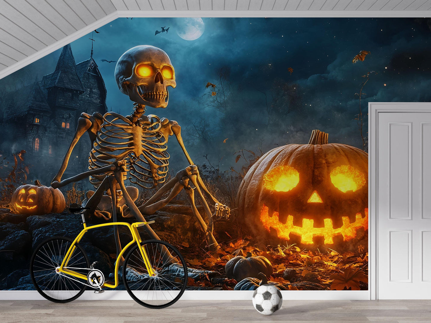 Skeleton & Jack-O’-Lantern Wall Mural – Spooky Halloween Bedroom Décor Vn796