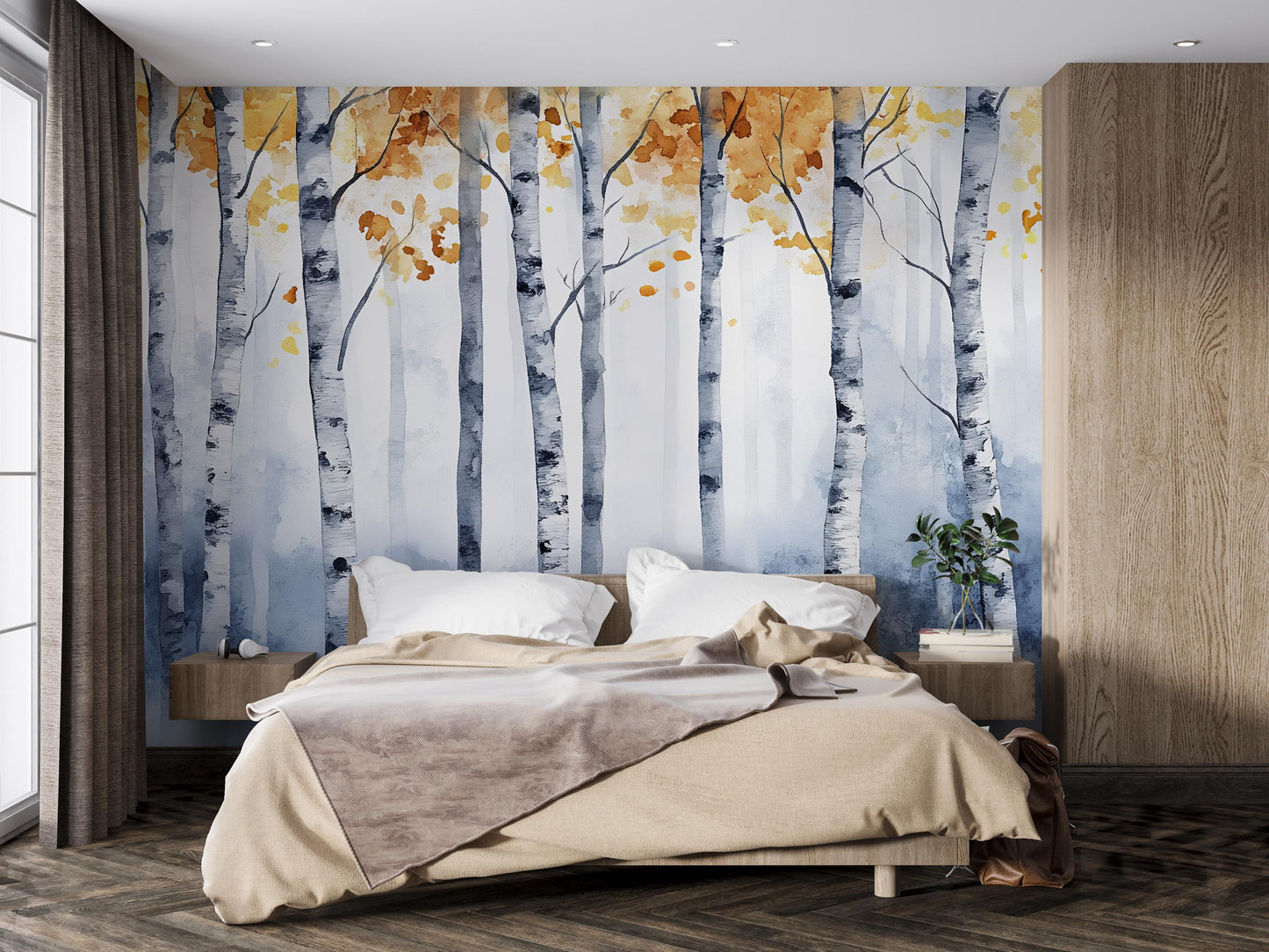 Birch Forest Wall Mural – Autumn Tree Wallpaper – Scandinavian Nature Art for Bedroom or Living Room – Cozy Rustic Wall Décor Vn486