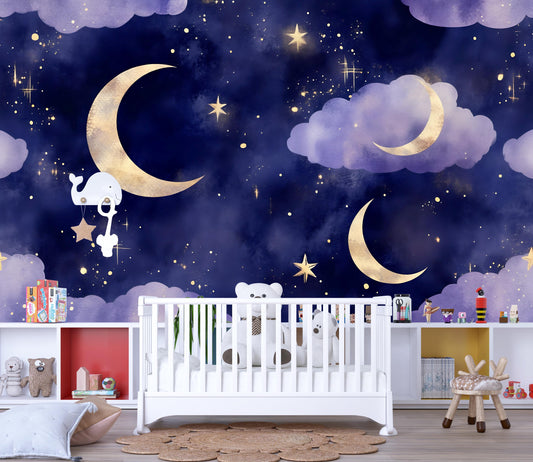 Moon and Stars Mural – Purple Night Sky Nursery Wallpaper Baby Room Decor Vn995