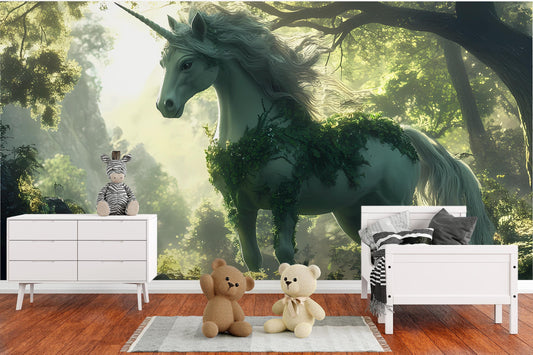 Magical Unicorn Forest Wall Mural for Kids Room | Enchanted Fantasy Horse Wallpaper | Whimsical Nursery Decor Vn025