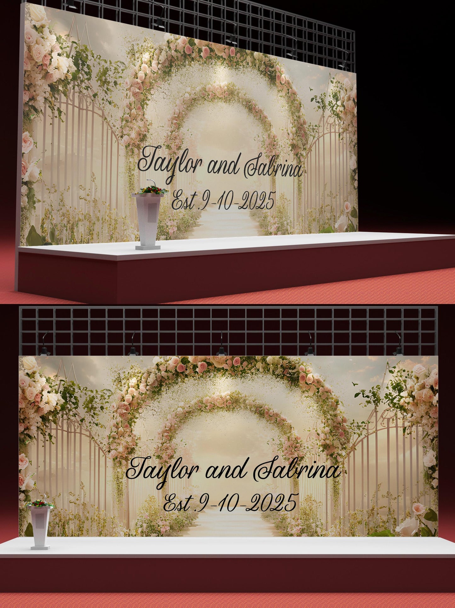 Elegant Floral Wedding Backdrop Sign - Personalized Arch Design with Names & Date - Custom Wedding Decor Vn510