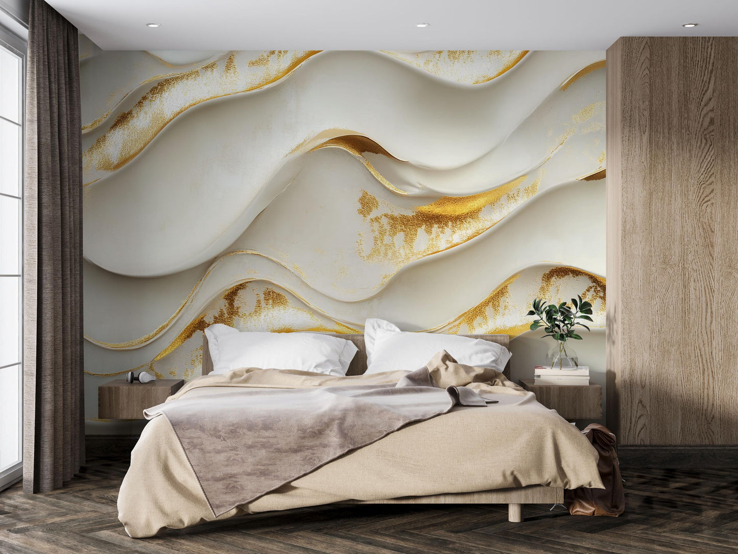 Gold Wave Textured Wall Mural – Modern 3D Luxury Accent Wallpaper  Vn774