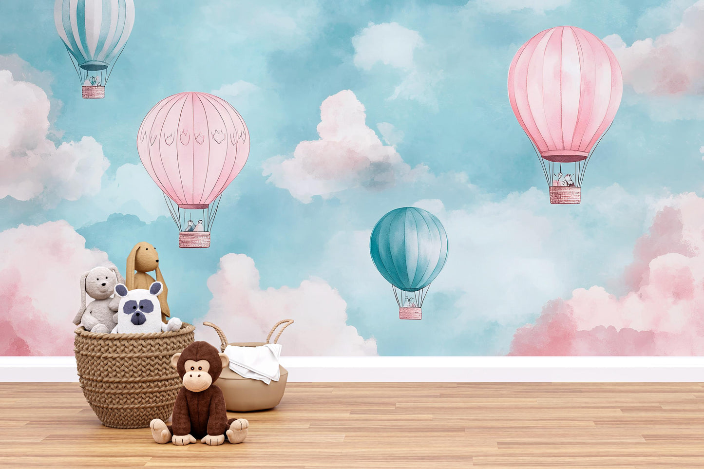 Hot Air Balloon Mural – Pink Blue Cloud Wallpaper Kids Nursery Wall Decor Vn998