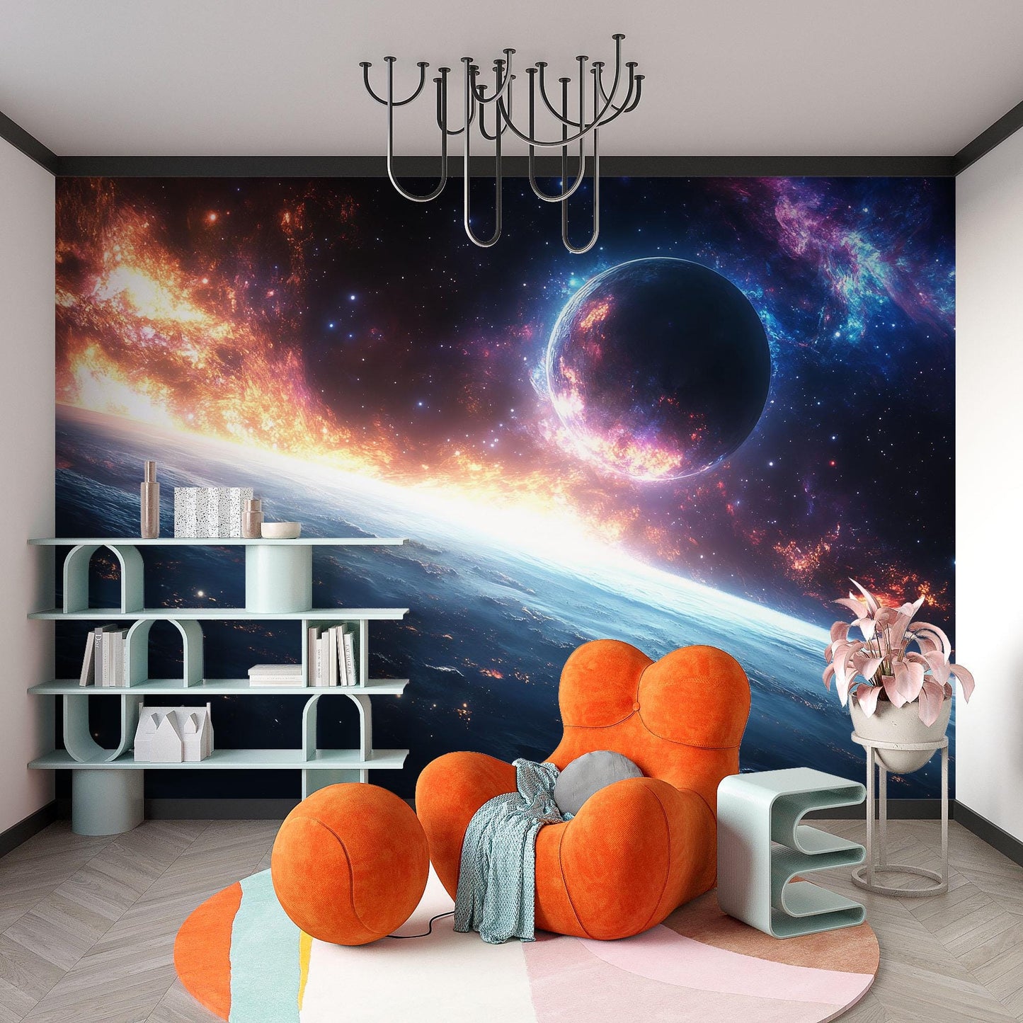 Cosmic Fire Planet Wall Mural – Space Galaxy Wallpaper for Kids Room Decor Vn870