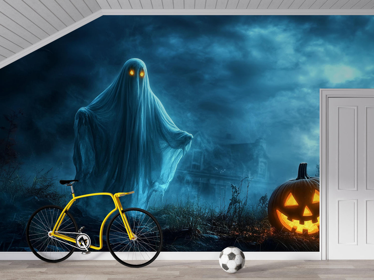 Haunted Ghost & Pumpkin Wall Mural – Spooky Halloween Bedroom Décor Vn801