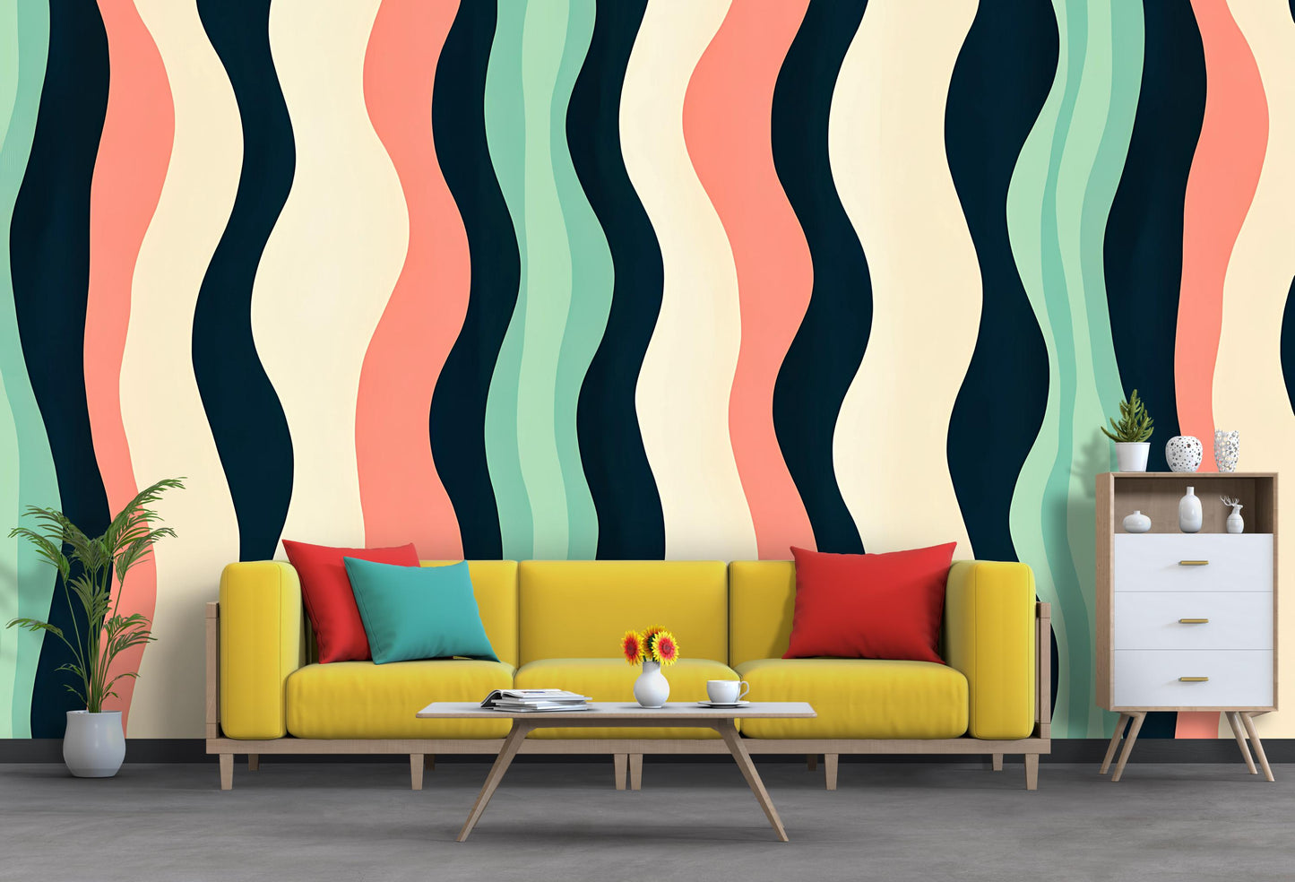 Retro Wavy Stripes Wallpaper – Mid Century Modern Wall Mural Vn1021