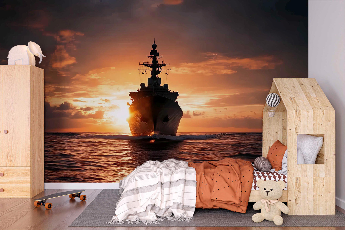 Nautical Kids Bedroom Decor Set with Ship Sunset Wall Mural & Bear Bedding | Ocean Theme Boy Room Furniture Set Vn452