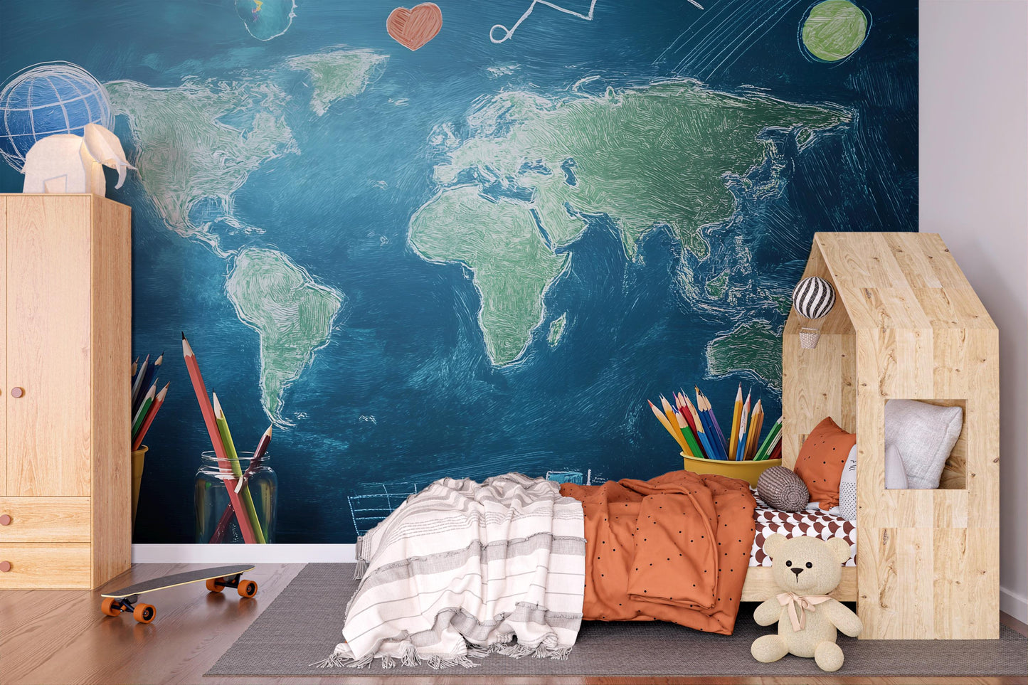 World Map Kids Wall Mural | Educational Travel Theme Nursery Decor | Wooden House Bed Toddler Room | Cozy Earthy Child Bedroom Design Vn416