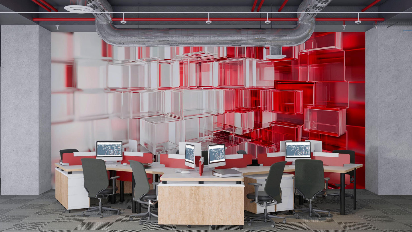Modern Office Wall Art – 3D Red & White Geometric Cubes – Large Abstract Mural for Workspace or Home Office Vn731