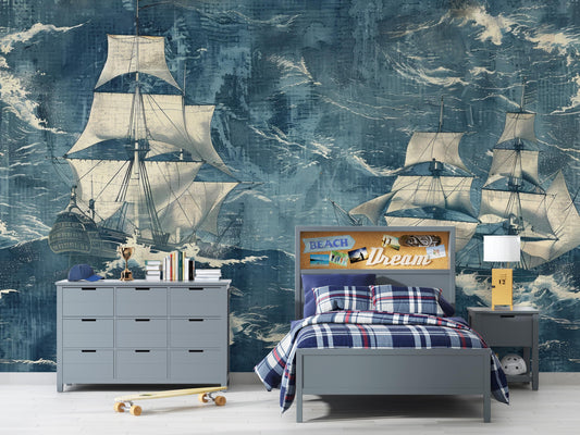 Nautical Ship Wall Mural | Ocean Sailing Wallpaper for Kids Room Vn1042
