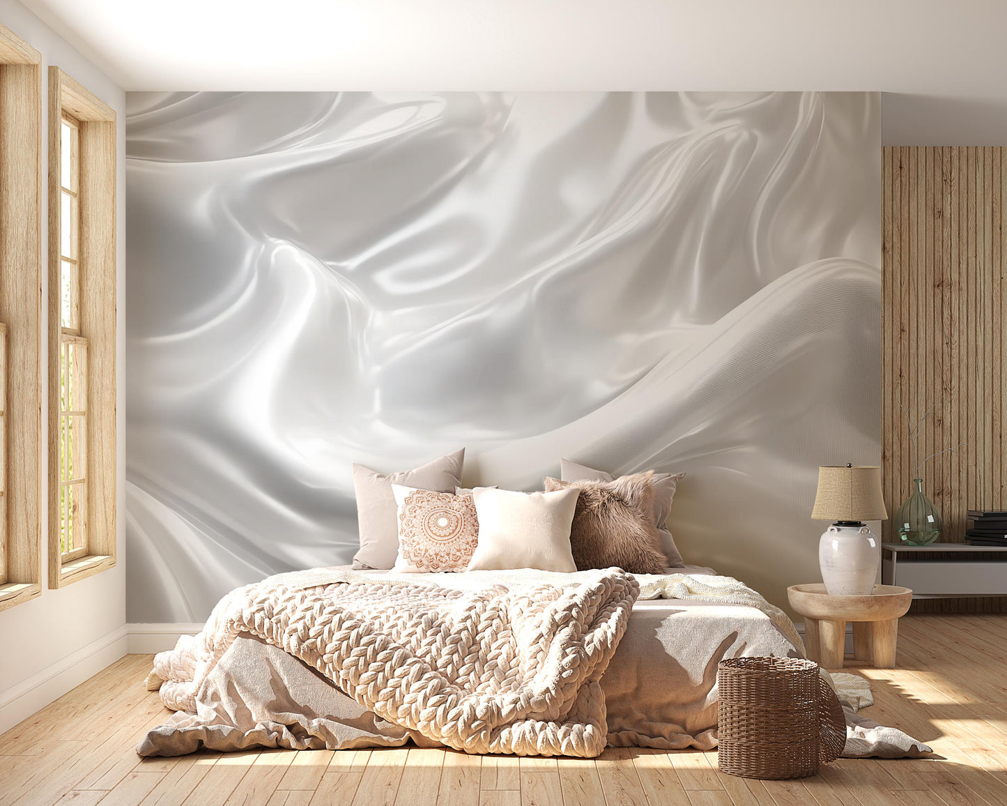 Modern Loft Bedroom Wall Art - White Satin Abstract Wallpaper Mural - Luxury Textured Fabric Effect - Minimalist Interior Decor Vn583