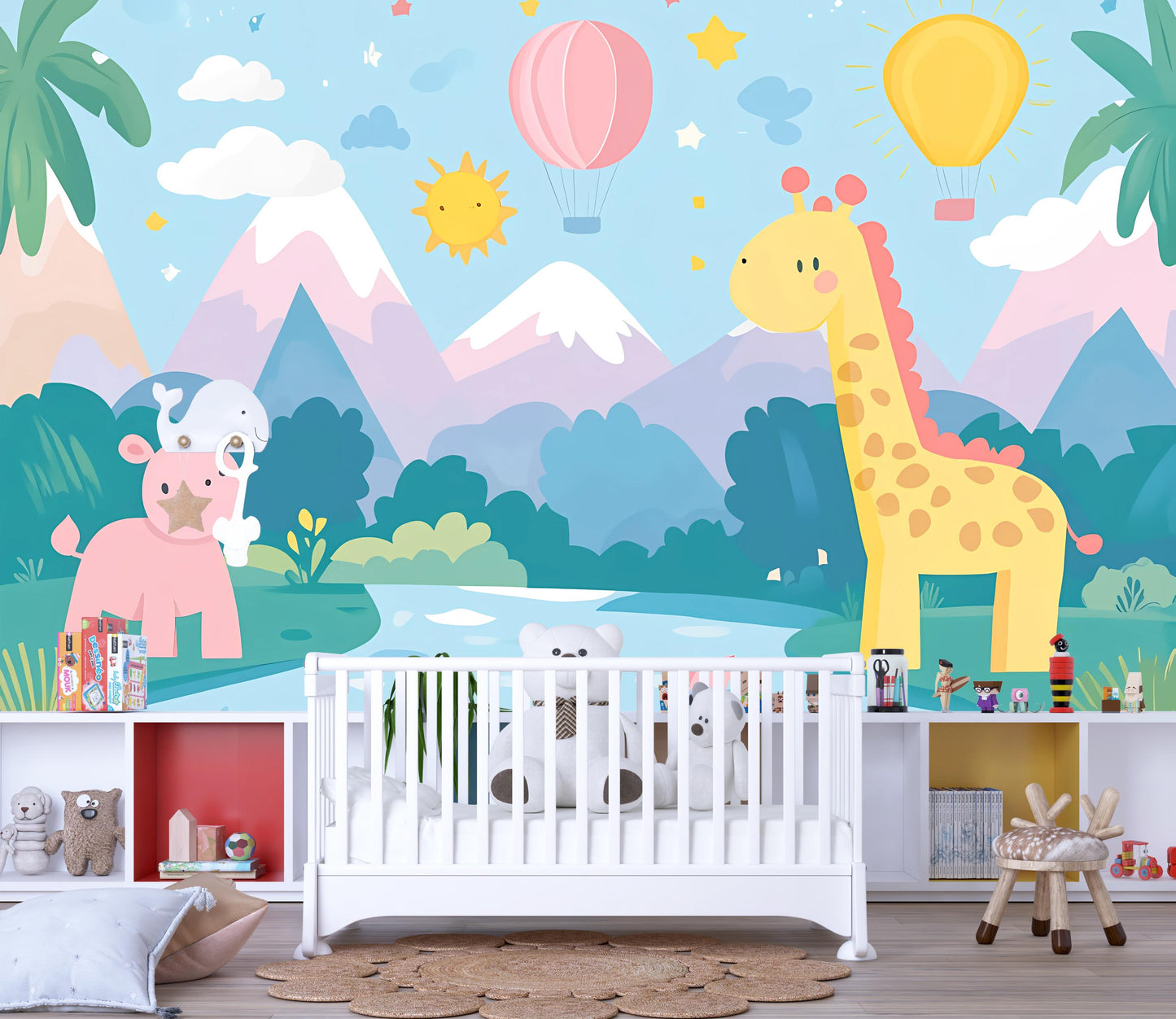 Colorful Jungle Safari Animal Nursery Wall Mural – Giraffe, Elephant, and Hot Air Balloons – Baby Room Wallpaper Art Print Vn435