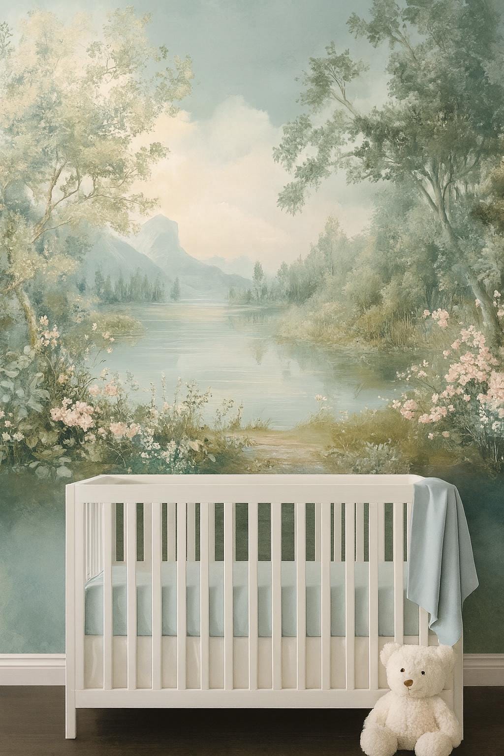 Floral Lake Wall Mural – Nature Landscape Wallpaper for Kids Room Vn973