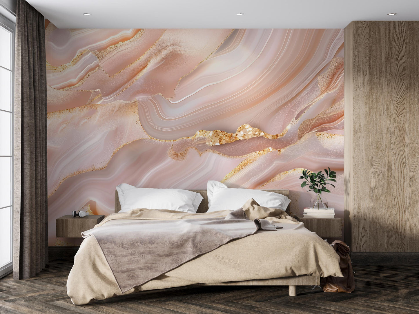 Blush Pink Marble Wall Mural – Luxury Gold Vein Wallpaper for Bedroom, Living Room, Glam Decor Vn1088
