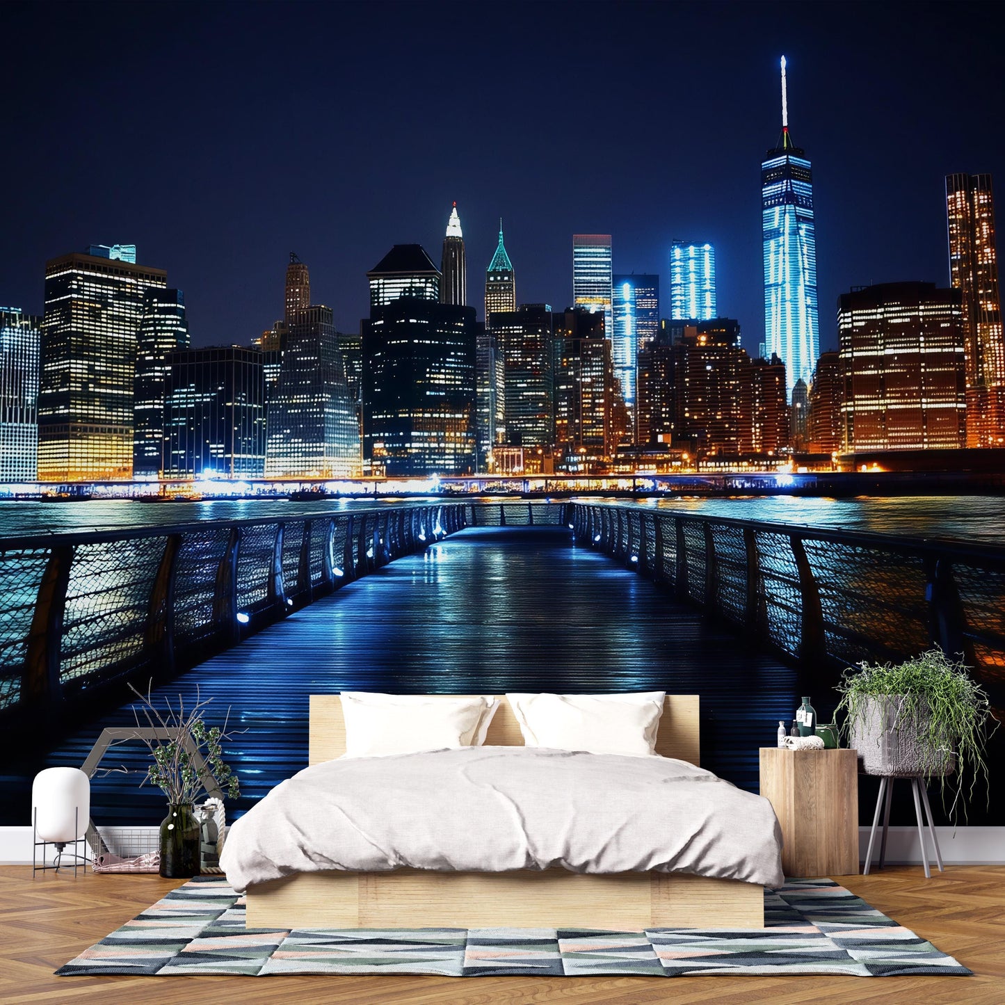 New York Skyline Wall Mural – City Lights Night Pier Wallpaper for Bedroom Vn898