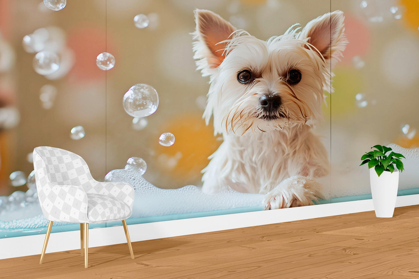 Modern Pet Grooming Salon Wall Art | Cute Yorkie Dog with Bubbles | Vet Office Decor | Dog Lover Gift | Veterinary Reception Print Vn669