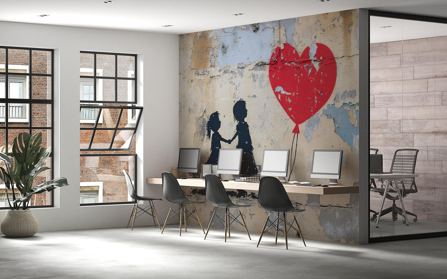 Banksy Heart Balloon Girl Office Wall Mural – Modern Graffiti Street Art Removable Wallpaper for Workspace & Home Decor Vn735