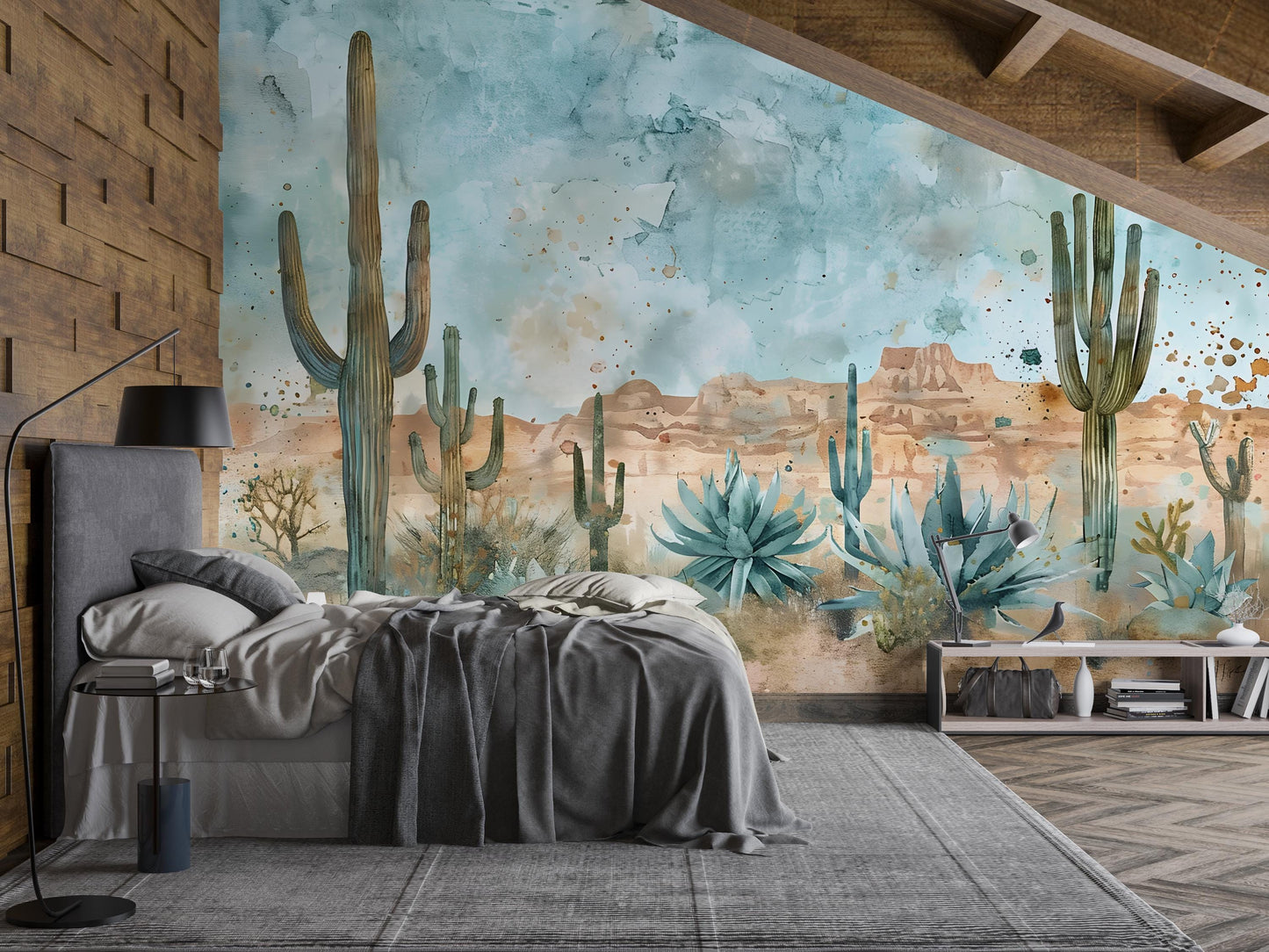 Southwestern Desert Cactus Wall Mural – Boho Western Landscape Wallpaper Vn1005