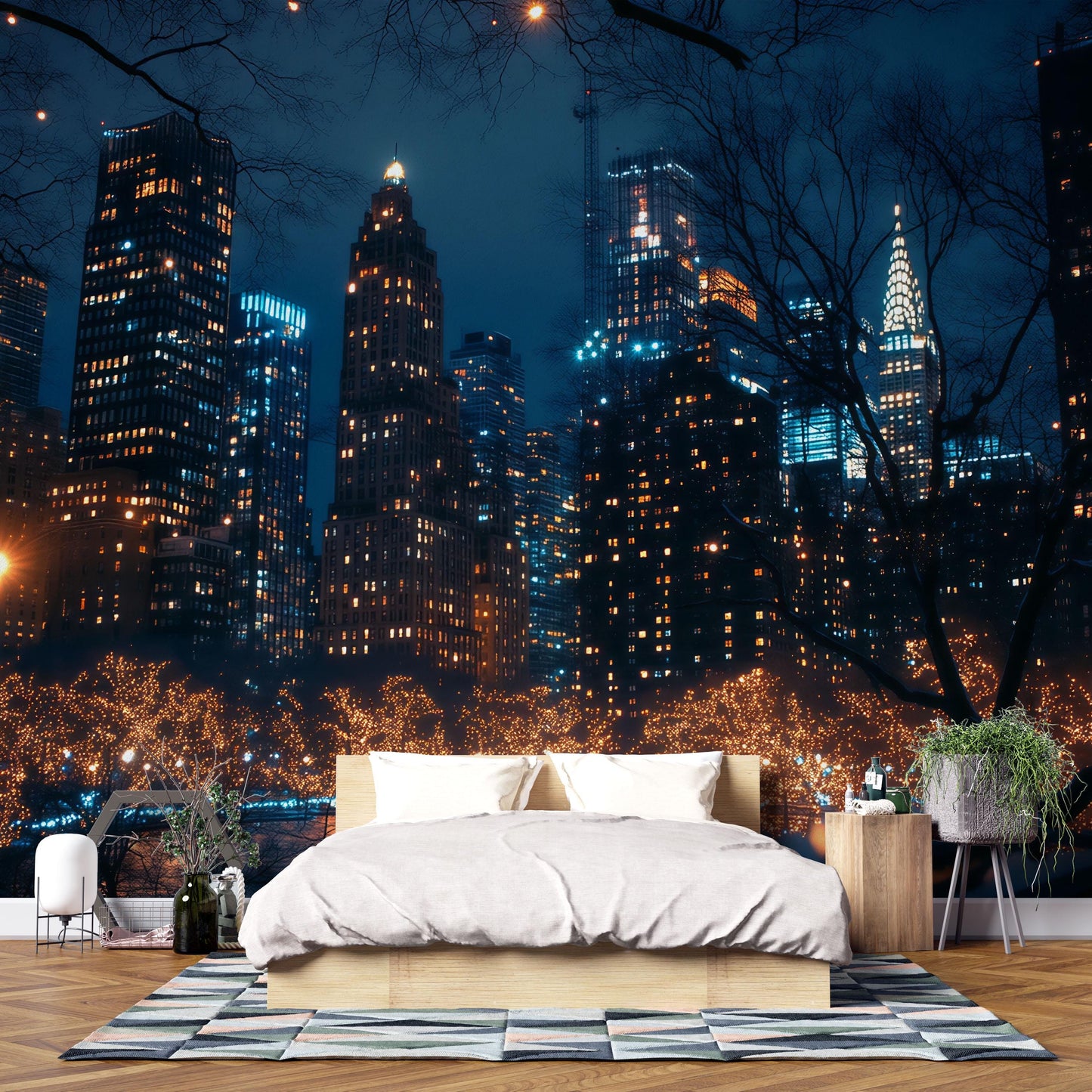NYC Skyline Wall Mural – Night City Wallpaper with Lights for Bedroom Decor Vn895