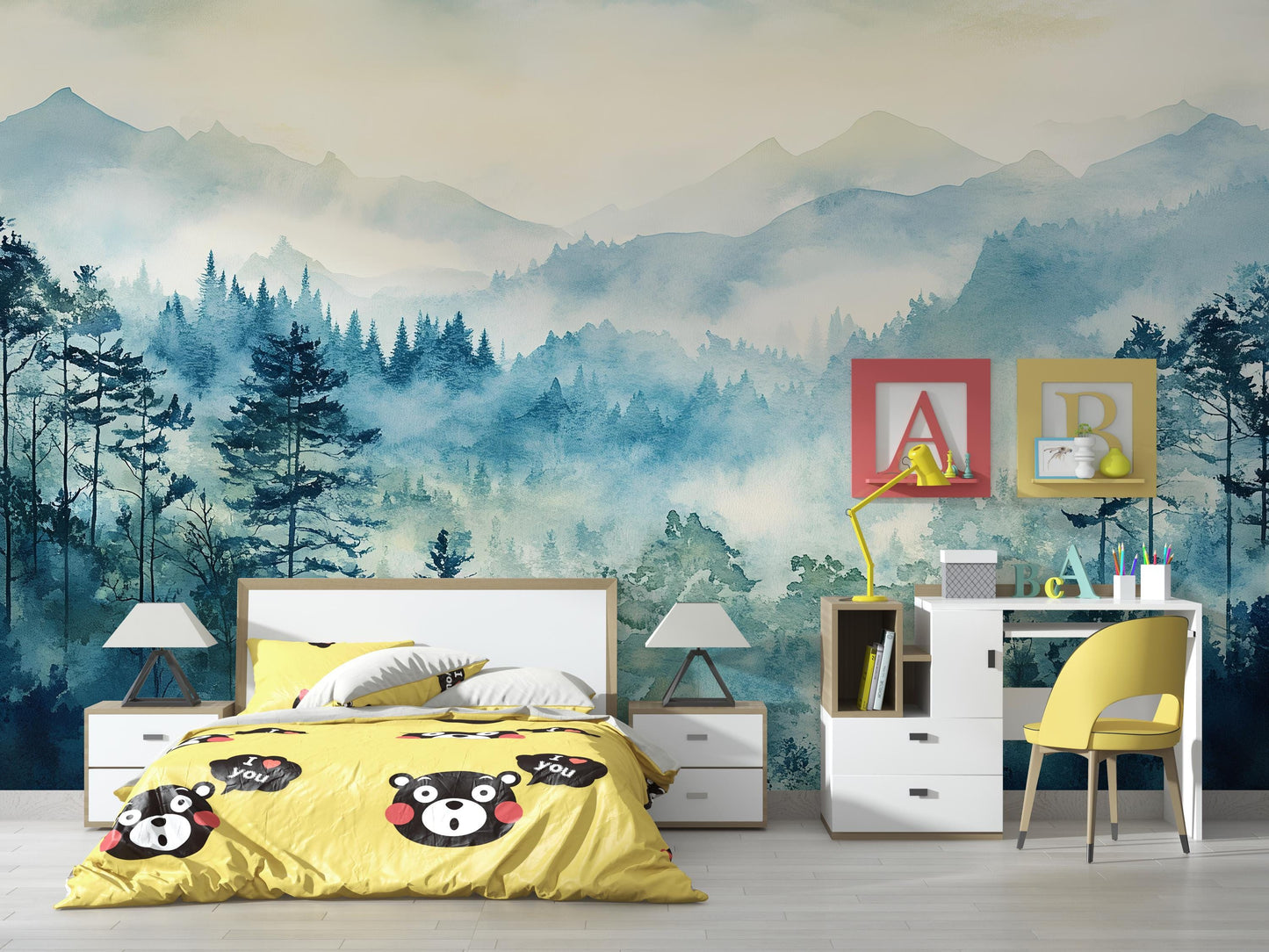 Misty Blue Pine Forest Wallpaper – Watercolor Mountain Wall Mural for Bedroom & Living Room Vn1016
