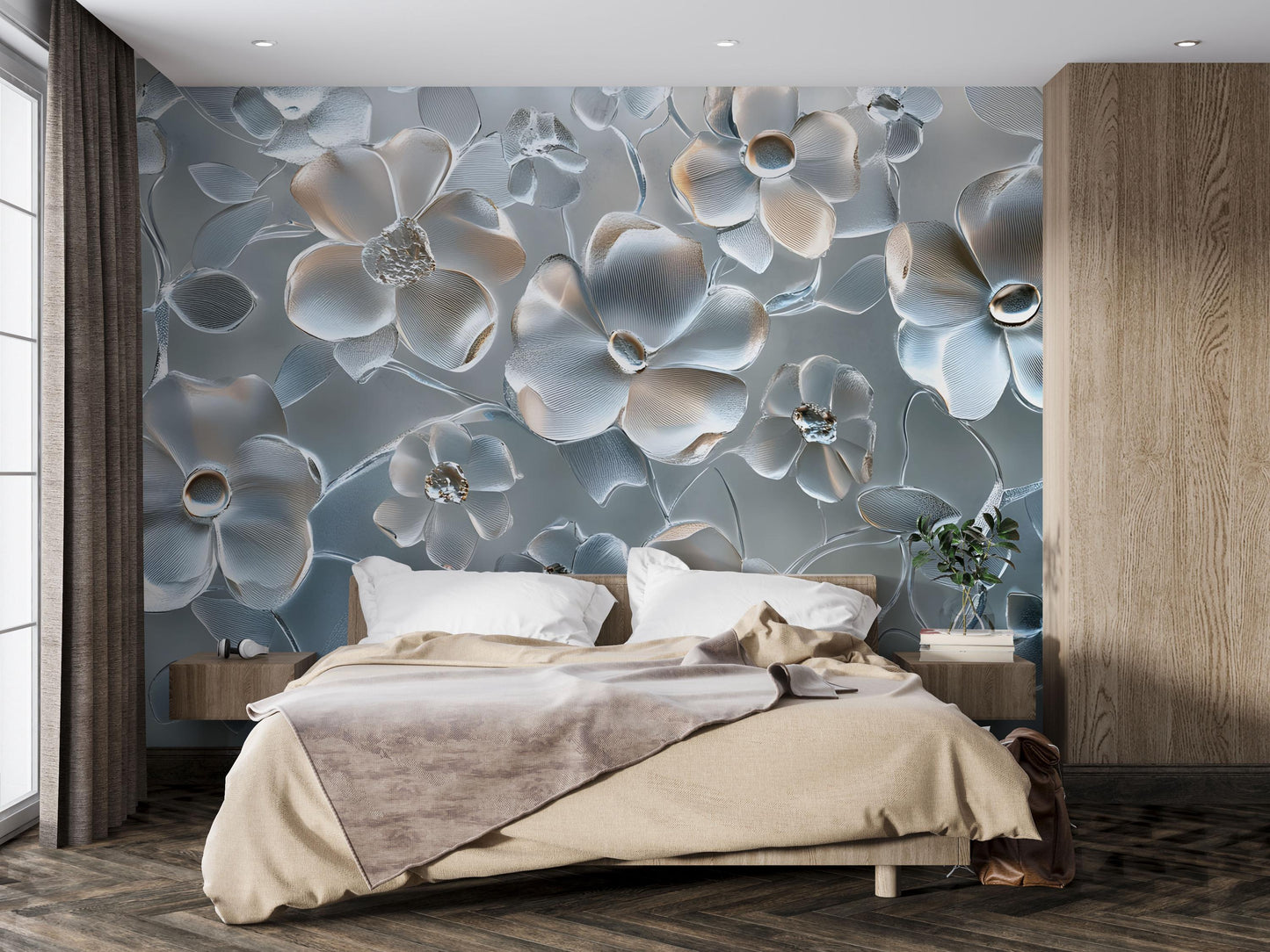 3D Floral Wall Mural for Bedroom – Elegant Blue and White Flower Wallpaper, Large Peel and Stick Wall Decor Vn657