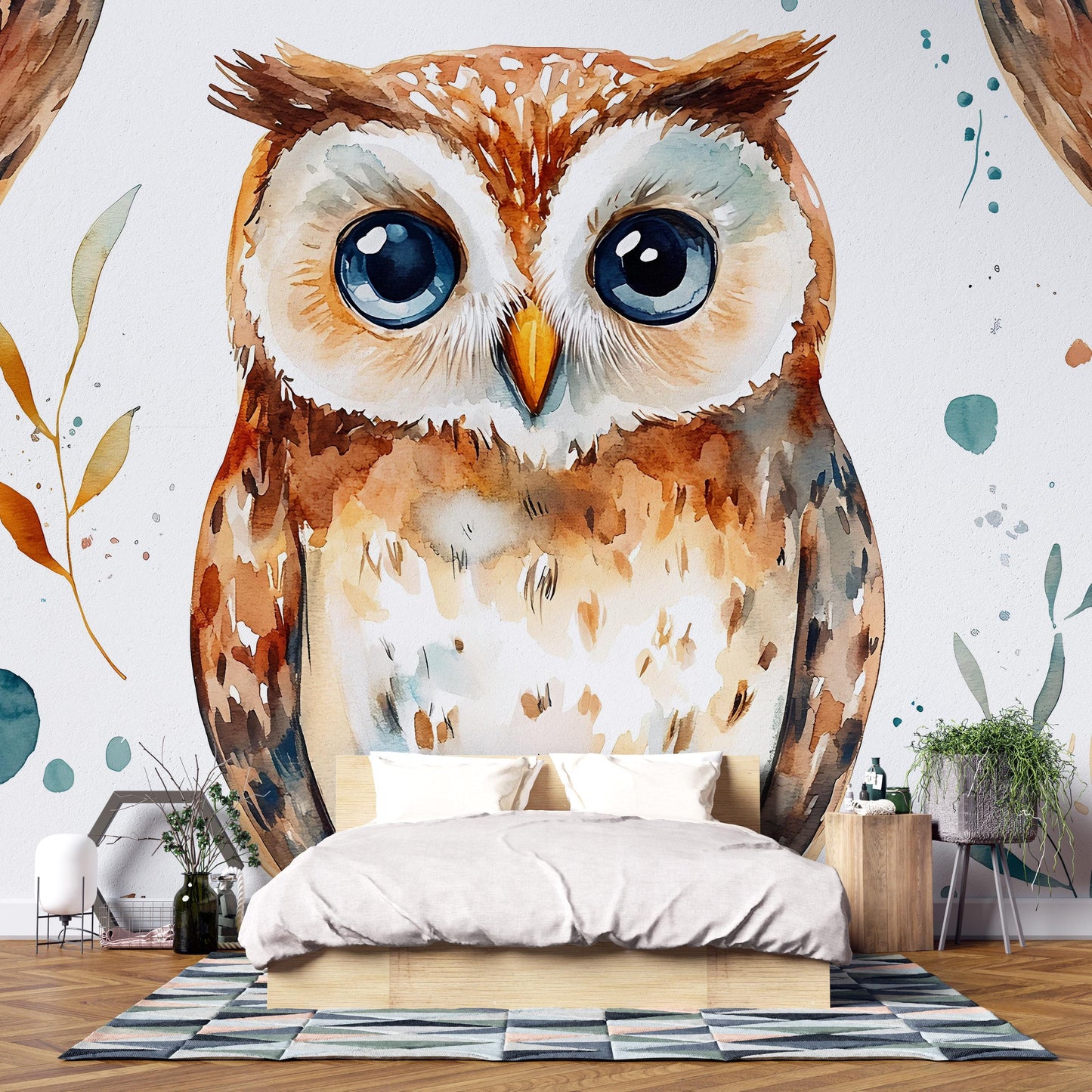 Watercolor Owl Wall Mural for Kids Bedroom | Large Woodland Animal Wallpaper Vn495