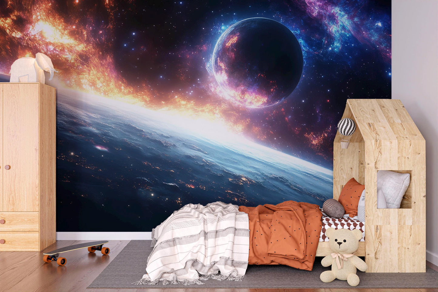 Cosmic Fire Planet Wall Mural – Space Galaxy Wallpaper for Kids Room Decor Vn870