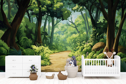 Forest Wall Mural for Kids Room – Jungle Woodland Theme Wallpaper – Nature Nursery Wall Art – Playroom Decor Vn622