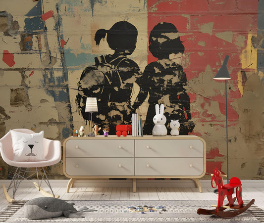 Urban Street Art Mural Wall Print – Vintage Graffiti-Style Girls Silhouette – Industrial Loft Wall Decor Vn737