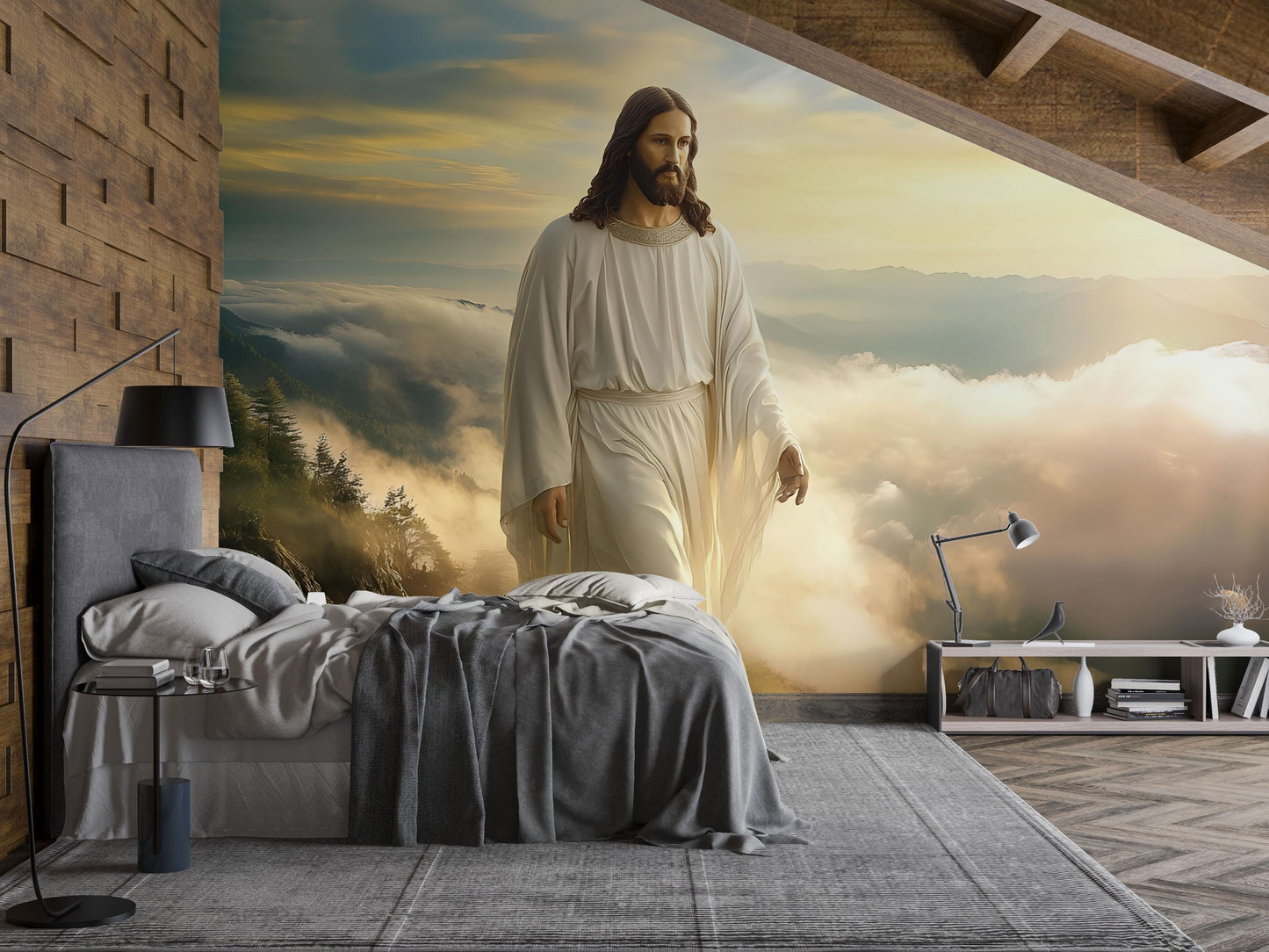 Heavenly Jesus Wall Mural – Christian Bedroom Decor, Religious Wall Art, Spiritual Interior Accent, Cloudscape Jesus Poster Vn611