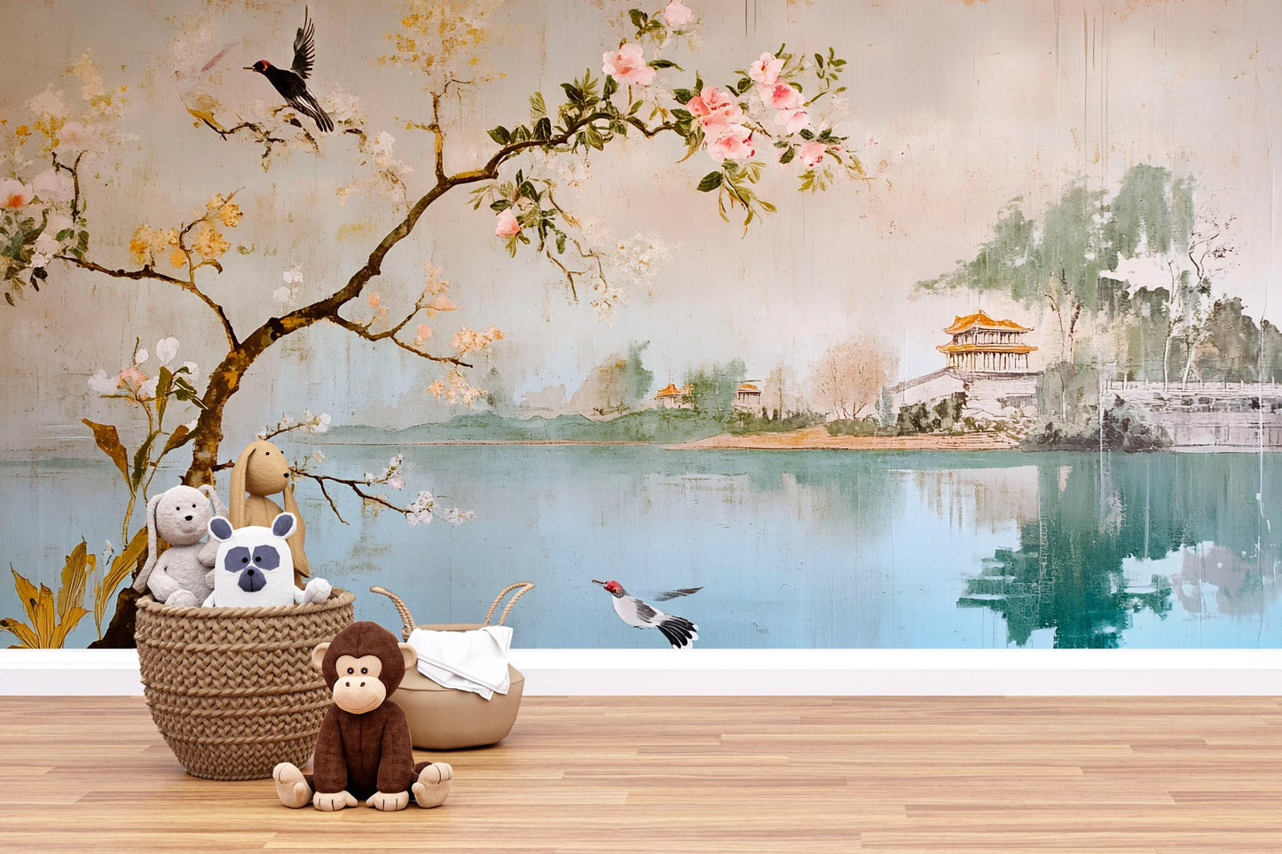 Oriental Landscape Wall Mural – Cherry Blossom Lake Wallpaper, Serene Asian Accent Wall for Nursery or Bedroom Vn859