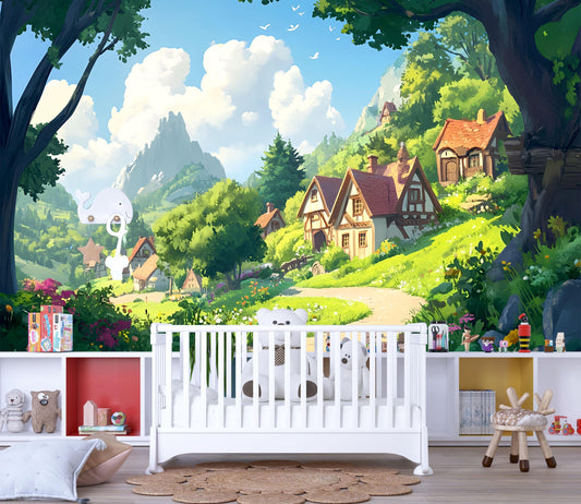 Fairy Tale Village Wall Mural for Kids Room | Enchanted Cottage Wallpaper | Whimsical Fantasy Landscape Nursery Decor Vn705
